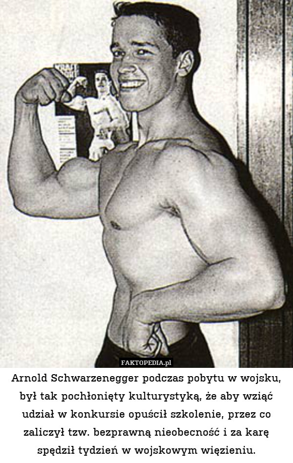 Arnold Schwarzenegger podczas pobytu w wojsku, był tak pochłonięty kulturystyką, że aby wziąć udział w konkursie opuścił szkolenie, przez co zaliczył tzw. bezprawną nieobecność i za karę spędził tydzień w wojskowym więzieniu. 