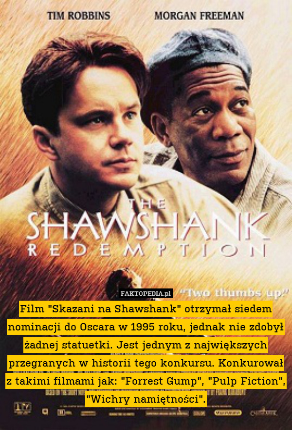 Film "Skazani na Shawshank" otrzymał siedem nominacji do Oscara w 1995 roku, jednak nie zdobył żadnej statuetki. Jest jednym z największych przegranych w historii tego konkursu. Konkurował z takimi filmami jak: "Forrest Gump", "Pulp Fiction", "Wichry namiętności". 