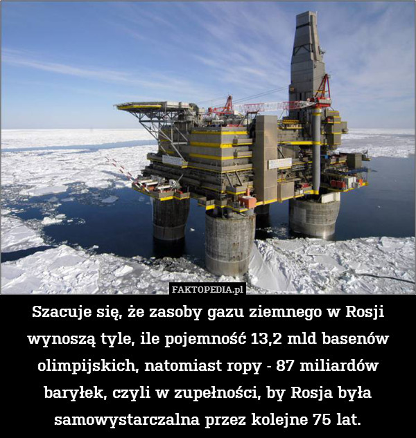 Szacuje się, że zasoby gazu ziemnego w Rosji wynoszą tyle, ile pojemność 13,2 mld basenów olimpijskich, natomiast ropy - 87 miliardów baryłek, czyli w zupełności, by Rosja była samowystarczalna przez kolejne 75 lat. 