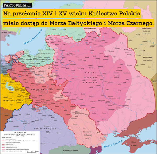 Na przełomie XIV i XV wieku Królestwo Polskie miało dostęp do Morza Bałtyckiego i Morza Czarnego. 