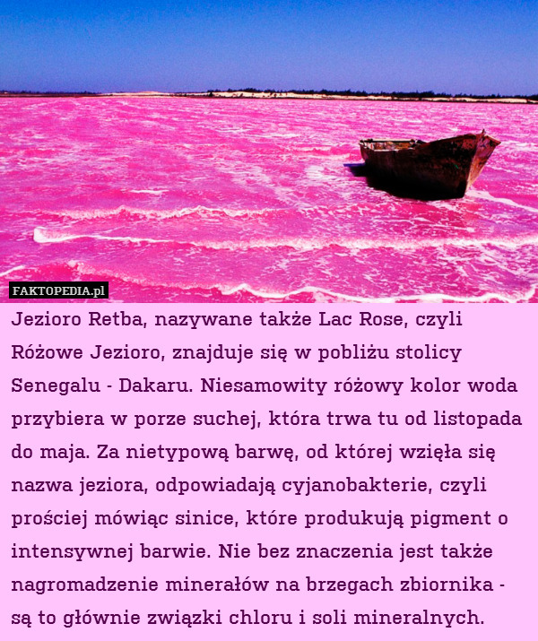 Jezioro Retba, nazywane także Lac Rose, czyli Różowe Jezioro, znajduje się w pobliżu stolicy Senegalu - Dakaru. Niesamowity różowy kolor woda przybiera w porze suchej, która trwa tu od listopada do maja. Za nietypową barwę, od której wzięła się nazwa jeziora, odpowiadają cyjanobakterie, czyli prościej mówiąc sinice, które produkują pigment o intensywnej barwie. Nie bez znaczenia jest także nagromadzenie minerałów na brzegach zbiornika - są to głównie związki chloru i soli mineralnych. 
