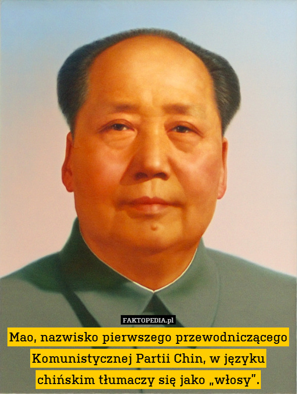 Mao, nazwisko pierwszego przewodniczącego Komunistycznej Partii Chin, w języku chińskim tłumaczy się jako „włosy”. 