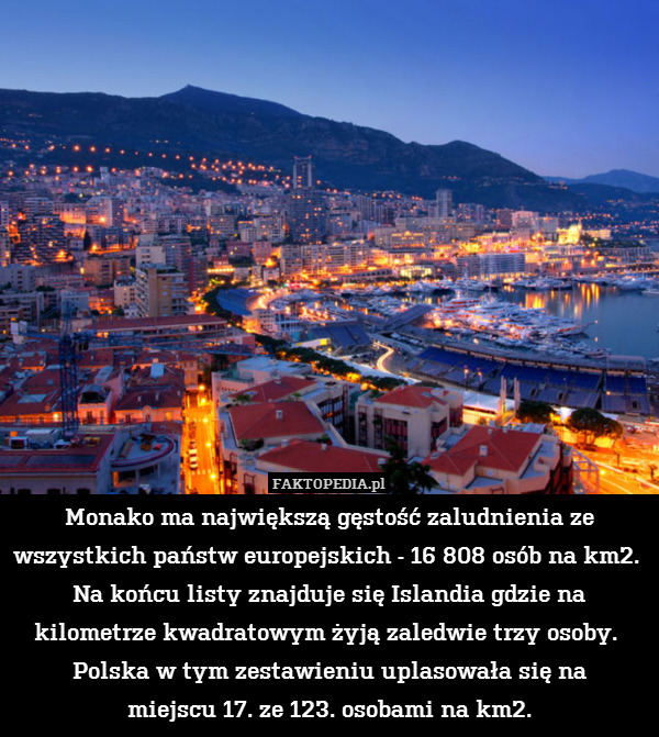 Monako ma największą gęstość zaludnienia ze wszystkich państw europejskich - 16 808 osób na km2. 
Na końcu listy znajduje się Islandia gdzie na kilometrze kwadratowym żyją zaledwie trzy osoby. 
Polska w tym zestawieniu uplasowała się na
miejscu 17. ze 123. osobami na km2. 