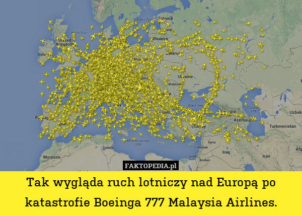 Tak wygląda ruch lotniczy nad Europą po katastrofie Boeinga 777 Malaysia Airlines. 