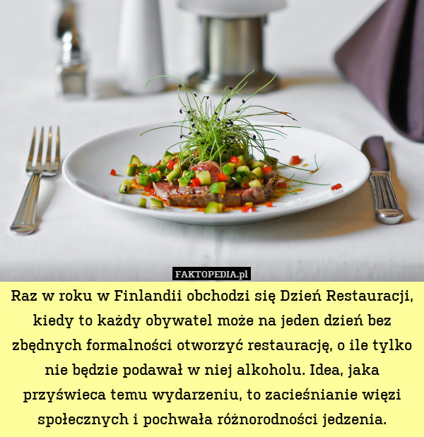 Raz w roku w Finlandii obchodzi się Dzień Restauracji, kiedy to każdy obywatel może na jeden dzień bez zbędnych formalności otworzyć restaurację, o ile tylko nie będzie podawał w niej alkoholu. Idea, jaka przyświeca temu wydarzeniu, to zacieśnianie więzi społecznych i pochwała różnorodności jedzenia. 