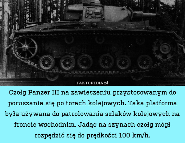 Czołg Panzer III na zawieszeniu przystosowanym do poruszania się po torach kolejowych. Taka platforma była używana do patrolowania szlaków kolejowych na froncie wschodnim. Jadąc na szynach czołg mógł rozpędzić się do prędkości 100 km/h. 