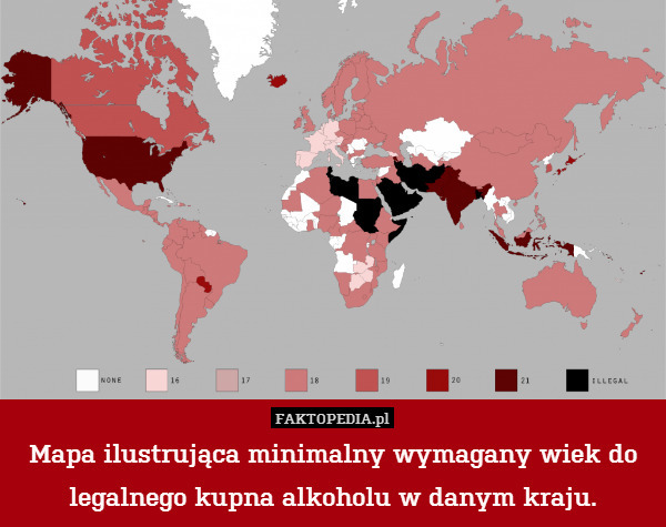 Mapa ilustrująca minimalny wymagany wiek do legalnego kupna alkoholu w danym kraju. 