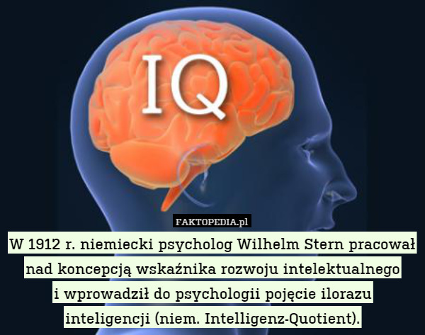 W 1912 r. niemiecki psycholog Wilhelm Stern pracował nad koncepcją wskaźnika rozwoju intelektualnego
i wprowadził do psychologii pojęcie ilorazu
inteligencji (niem. Intelligenz-Quotient). 