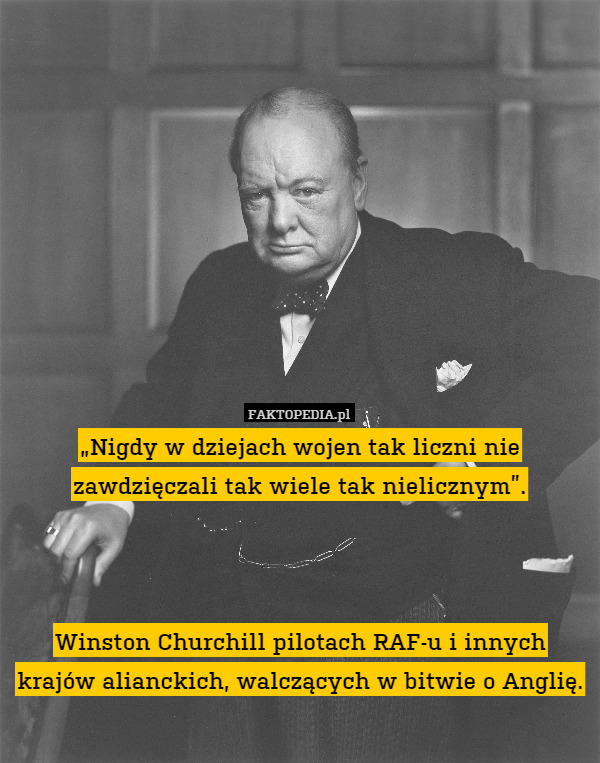 „Nigdy w dziejach wojen tak liczni nie zawdzięczali tak wiele tak nielicznym”.



Winston Churchill pilotach RAF-u i innych krajów alianckich, walczących w bitwie o Anglię. 