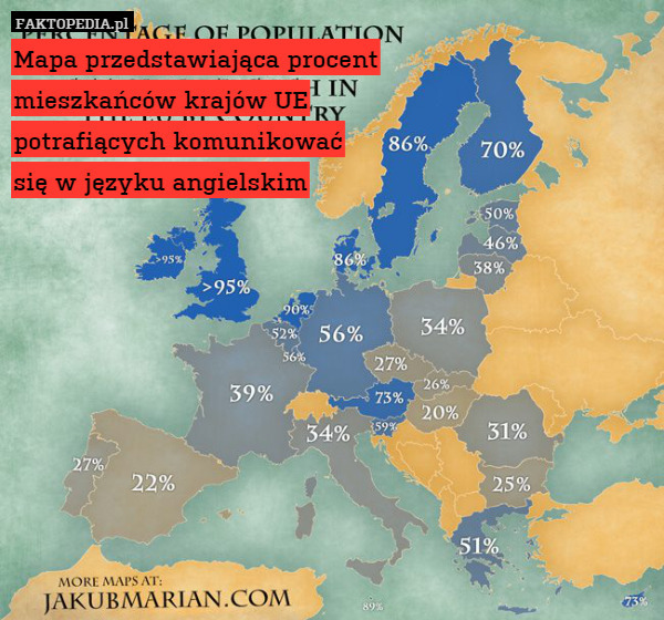 Mapa przedstawiająca procent
mieszkańców krajów UE
potrafiących komunikować
się w języku angielskim 