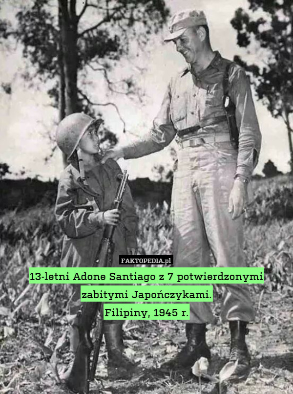 13-letni Adone Santiago z 7 potwierdzonymi zabitymi Japończykami.
Filipiny, 1945 r. 