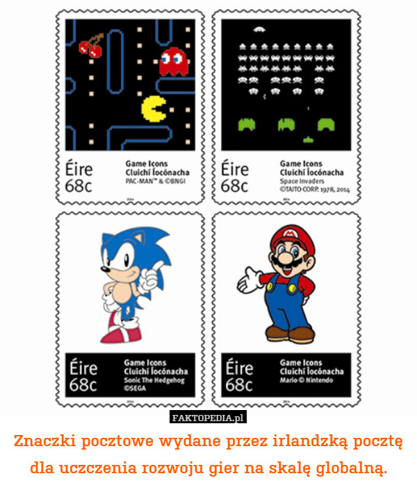 Znaczki pocztowe wydane przez irlandzką pocztę dla uczczenia rozwoju gier na skalę globalną. 