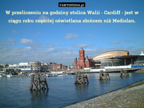 W przeliczeniu na godziny stolica Walii - Cardiff - jest w ciągu roku częściej oświetlana słońcem niż Mediolan. 