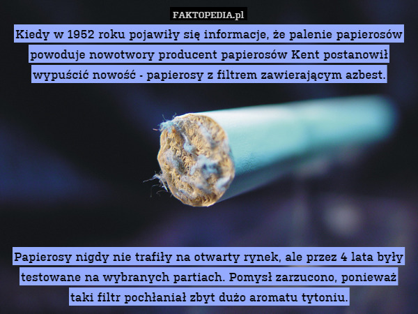 Kiedy w 1952 roku pojawiły się informacje, że palenie papierosów powoduje nowotwory producent papierosów Kent postanowił wypuścić nowość - papierosy z filtrem zawierającym azbest.








Papierosy nigdy nie trafiły na otwarty rynek, ale przez 4 lata były testowane na wybranych partiach. Pomysł zarzucono, ponieważ taki filtr pochłaniał zbyt dużo aromatu tytoniu. 