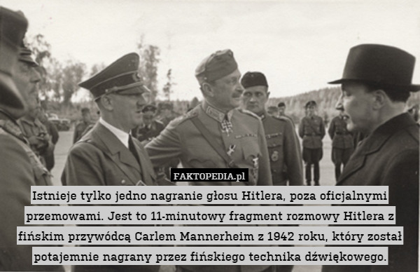 Istnieje tylko jedno nagranie głosu Hitlera, poza oficjalnymi przemowami. Jest to 11-minutowy fragment rozmowy Hitlera z fińskim przywódcą Carlem Mannerheim z 1942 roku, który został potajemnie nagrany przez fińskiego technika dźwiękowego. 