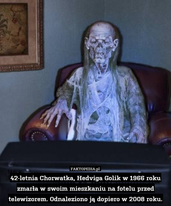 42-letnia Chorwatka, Hedviga Golik w 1966 roku zmarła w swoim mieszkaniu na fotelu przed telewizorem. Odnaleziono ją dopiero w 2008 roku. 