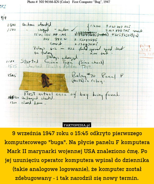 9 września 1947 roku o 15:45 odkryto pierwszego komputerowego "buga". Na płycie panelu F komputera Mark II marynarki wojennej USA znaleziono ćmę. Po jej usunięciu operator komputera wpisał do dziennika (takie analogowe logowanie), że komputer został zdebugowany - i tak narodził się nowy termin. 