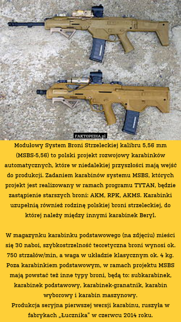 Modułowy System Broni Strzeleckiej kalibru 5,56 mm (MSBS-5,56) to polski projekt rozwojowy karabinków automatycznych, które w niedalekiej przyszłości mają wejść do produkcji. Zadaniem karabinów systemu MSBS, których projekt jest realizowany w ramach programu TYTAN, będzie zastąpienie starszych broni: AKM, RPK, AKMS. Karabinki uzupełnią również rodzinę polskiej broni strzeleckiej, do której należy między innymi karabinek Beryl.

W magazynku karabinku podstawowego (na zdjęciu) mieści się 30 naboi, szybkostrzelność teoretyczna broni wynosi ok. 750 strzałów/min, a waga w układzie klasycznym ok. 4 kg.
Poza karabinkiem podstawowym, w ramach projektu MSBS mają powstać też inne typy broni, będą to: subkarabinek, karabinek podstawowy, karabinek-granatnik, karabin wyborowy i karabin maszynowy.
Produkcja seryjna pierwszej wersji karabinu, ruszyła w fabrykach „Łucznika” w czerwcu 2014 roku. 