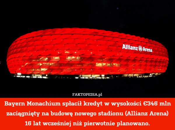 Bayern Monachium spłacił kredyt w wysokości €346 mln zaciągnięty na budowę nowego stadionu (Allianz Arena) 16 lat wcześniej niż pierwotnie planowano. 