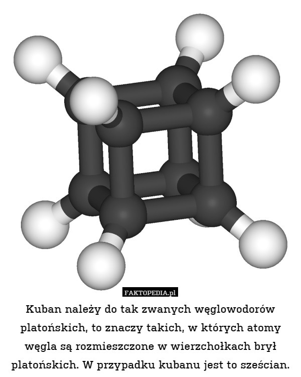 Kuban należy do tak zwanych węglowodorów platońskich, to znaczy takich, w których atomy węgla są rozmieszczone w wierzchołkach brył platońskich. W przypadku kubanu jest to sześcian. 