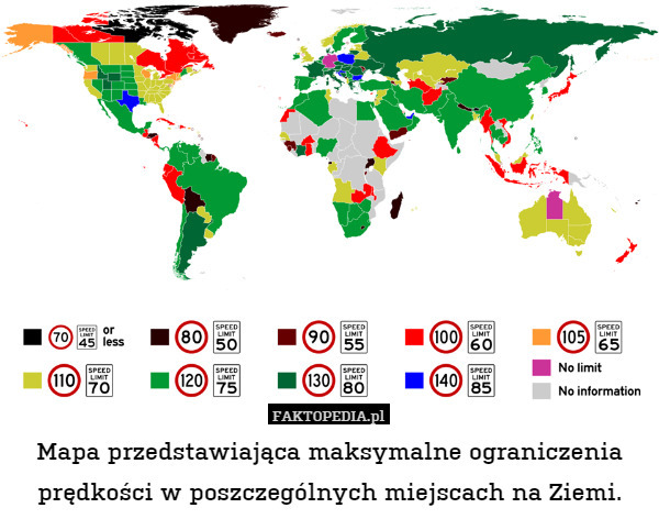Mapa przedstawiająca maksymalne ograniczenia prędkości w poszczególnych miejscach na Ziemi. 