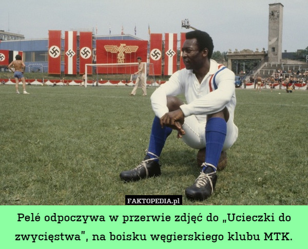 Pelé odpoczywa w przerwie zdjęć do „Ucieczki do zwycięstwa”, na boisku węgierskiego klubu MTK. 