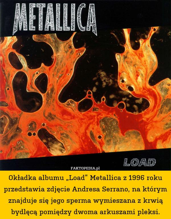Okładka albumu „Load” Metallica z 1996 roku przedstawia zdjęcie Andresa Serrano, na którym znajduje się jego sperma wymieszana z krwią bydlęcą pomiędzy dwoma arkuszami pleksi. 