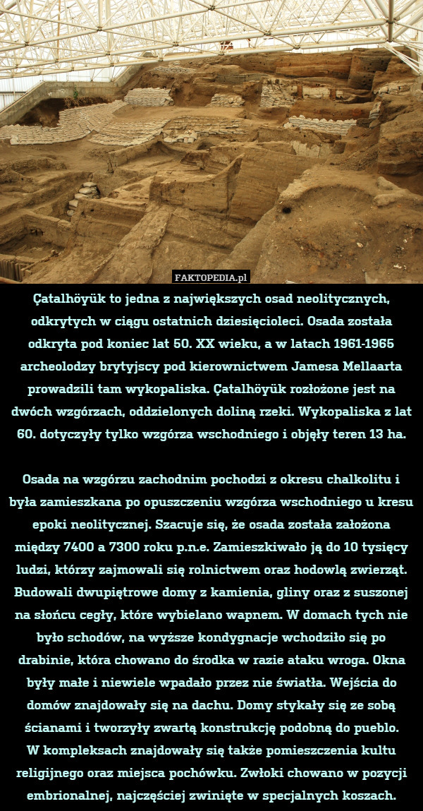Çatalhöyük to jedna z największych osad neolitycznych, odkrytych w ciągu ostatnich dziesięcioleci. Osada została odkryta pod koniec lat 50. XX wieku, a w latach 1961-1965 archeolodzy brytyjscy pod kierownictwem Jamesa Mellaarta prowadzili tam wykopaliska. Çatalhöyük rozłożone jest na dwóch wzgórzach, oddzielonych doliną rzeki. Wykopaliska z lat 60. dotyczyły tylko wzgórza wschodniego i objęły teren 13 ha.

Osada na wzgórzu zachodnim pochodzi z okresu chalkolitu i była zamieszkana po opuszczeniu wzgórza wschodniego u kresu epoki neolitycznej. Szacuje się, że osada została założona między 7400 a 7300 roku p.n.e. Zamieszkiwało ją do 10 tysięcy ludzi, którzy zajmowali się rolnictwem oraz hodowlą zwierząt. Budowali dwupiętrowe domy z kamienia, gliny oraz z suszonej na słońcu cegły, które wybielano wapnem. W domach tych nie było schodów, na wyższe kondygnacje wchodziło się po drabinie, która chowano do środka w razie ataku wroga. Okna były małe i niewiele wpadało przez nie światła. Wejścia do domów znajdowały się na dachu. Domy stykały się ze sobą ścianami i tworzyły zwartą konstrukcję podobną do pueblo.
W kompleksach znajdowały się także pomieszczenia kultu religijnego oraz miejsca pochówku. Zwłoki chowano w pozycji embrionalnej, najczęściej zwinięte w specjalnych koszach. 