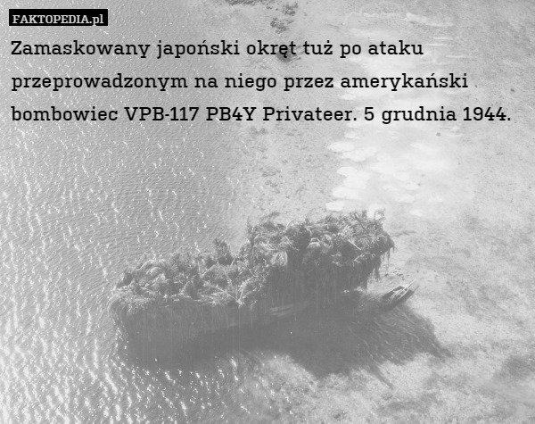 Zamaskowany japoński okręt tuż po ataku przeprowadzonym na niego przez amerykański bombowiec VPB-117 PB4Y Privateer. 5 grudnia 1944. 