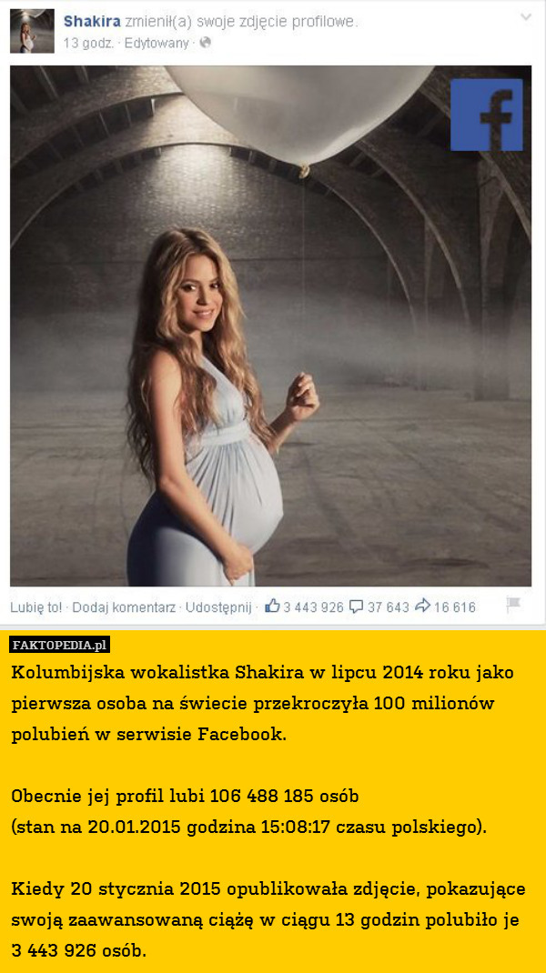 Kolumbijska wokalistka Shakira w lipcu 2014 roku jako pierwsza osoba na świecie przekroczyła 100 milionów polubień w serwisie Facebook.

Obecnie jej profil lubi 106 488 185 osób 
(stan na 20.01.2015 godzina 15:08:17 czasu polskiego).

Kiedy 20 stycznia 2015 opublikowała zdjęcie, pokazujące swoją zaawansowaną ciążę w ciągu 13 godzin polubiło je 3 443 926 osób. 
