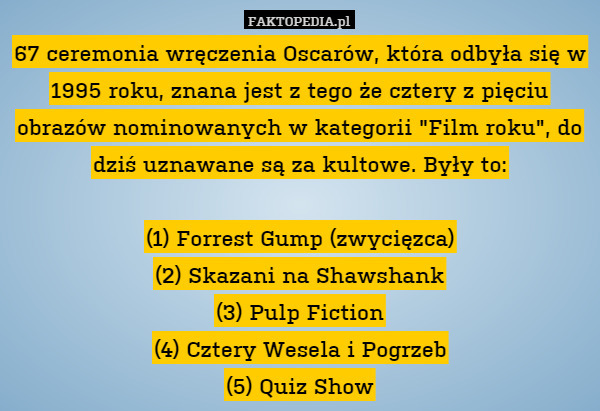 67 ceremonia wręczenia Oscarów, która odbyła się w 1995 roku, znana jest z tego że cztery z pięciu obrazów nominowanych w kategorii "Film roku", do dziś uznawane są za kultowe. Były to:

(1) Forrest Gump (zwycięzca)
(2) Skazani na Shawshank
(3) Pulp Fiction
(4) Cztery Wesela i Pogrzeb
(5) Quiz Show 
