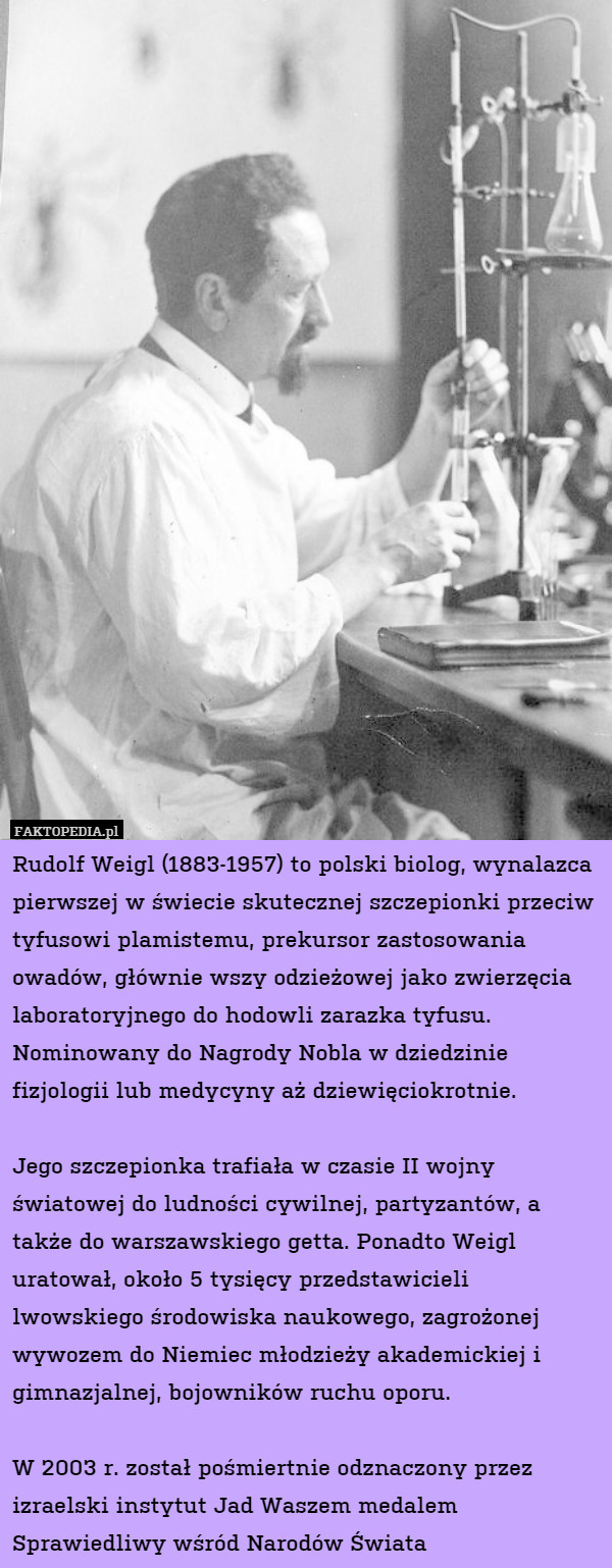 Rudolf Weigl (1883-1957) to polski biolog, wynalazca pierwszej w świecie skutecznej szczepionki przeciw tyfusowi plamistemu, prekursor zastosowania owadów, głównie wszy odzieżowej jako zwierzęcia laboratoryjnego do hodowli zarazka tyfusu. Nominowany do Nagrody Nobla w dziedzinie fizjologii lub medycyny aż dziewięciokrotnie.

Jego szczepionka trafiała w czasie II wojny światowej do ludności cywilnej, partyzantów, a także do warszawskiego getta. Ponadto Weigl uratował, około 5 tysięcy przedstawicieli lwowskiego środowiska naukowego, zagrożonej wywozem do Niemiec młodzieży akademickiej i gimnazjalnej, bojowników ruchu oporu.

W 2003 r. został pośmiertnie odznaczony przez izraelski instytut Jad Waszem medalem Sprawiedliwy wśród Narodów Świata 