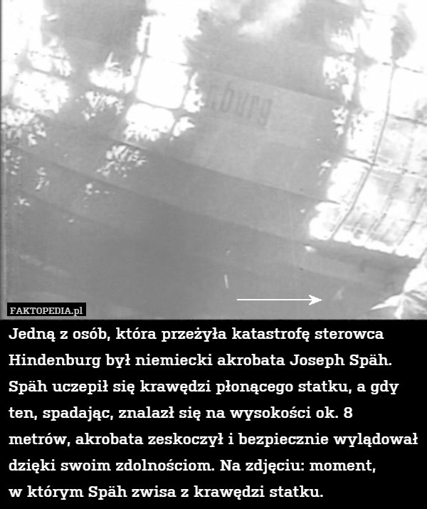 Jedną z osób, która przeżyła katastrofę sterowca Hindenburg był niemiecki akrobata Joseph Späh. Späh uczepił się krawędzi płonącego statku, a gdy ten, spadając, znalazł się na wysokości ok. 8 metrów, akrobata zeskoczył i bezpiecznie wylądował dzięki swoim zdolnościom. Na zdjęciu: moment,
w którym Späh zwisa z krawędzi statku. 