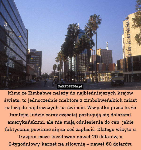 Mimo że Zimbabwe należy do najbiedniejszych krajów świata, to jednocześnie niektóre z zimbabweńskich miast należą do najdroższych na świecie. Wszystko przez to, że tamtejsi ludzie coraz częściej posługują się dolarami amerykańskimi, ale nie mają odniesienia do cen, jakie faktycznie powinno się za coś zapłacić. Dlatego wizyta u fryzjera może kosztować nawet 20 dolarów, a 2-tygodniowy karnet na siłownię – nawet 60 dolarów. 
