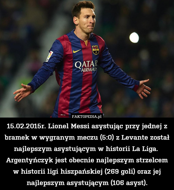 15.02.2015r. Lionel Messi asystując przy jednej z bramek w wygranym meczu (5:0) z Levante został najlepszym asystującym w historii La Liga. 
Argentyńczyk jest obecnie najlepszym strzelcem w historii ligi hiszpańskiej (269 goli) oraz jej najlepszym asystującym (106 asyst). 