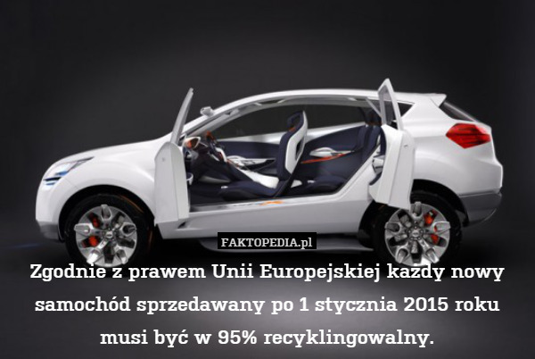 Zgodnie z prawem Unii Europejskiej każdy nowy samochód sprzedawany po 1 stycznia 2015 roku musi być w 95% recyklingowalny. 
