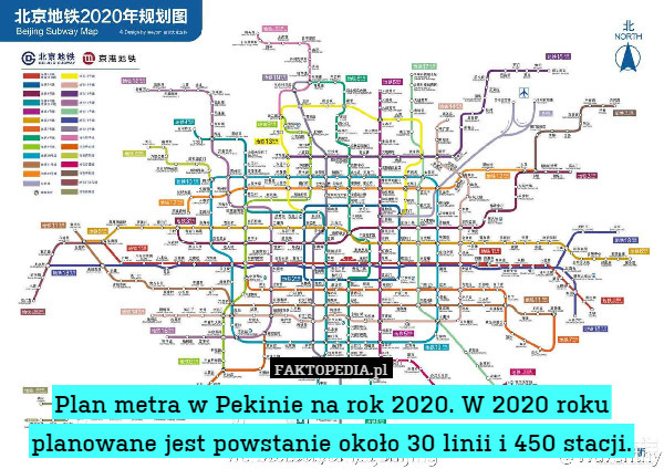 Plan metra w Pekinie na rok 2020. W 2020 roku planowane jest powstanie około 30 linii i 450 stacji. 