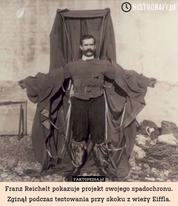 Franz Reichelt pokazuje projekt swojego spadochronu. Zginął podczas testowania przy skoku z wieży Eiffla. 