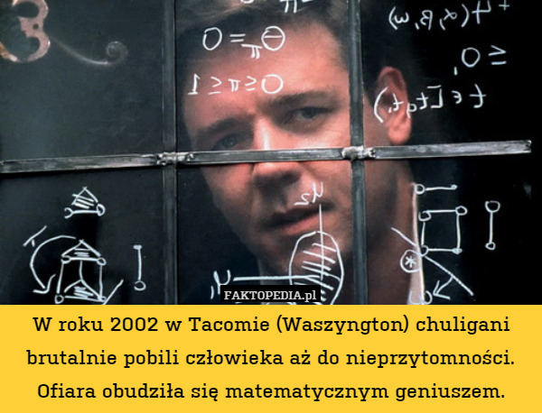 W roku 2002 w Tacomie (Waszyngton) chuligani brutalnie pobili człowieka aż do nieprzytomności.
Ofiara obudziła się matematycznym geniuszem. 