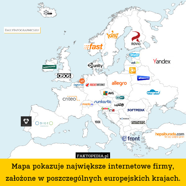 Mapa pokazuje największe internetowe firmy, założone w poszczególnych europejskich krajach. 