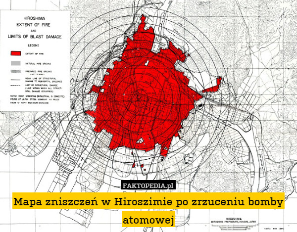 Mapa zniszczeń w Hiroszimie po zrzuceniu bomby atomowej 