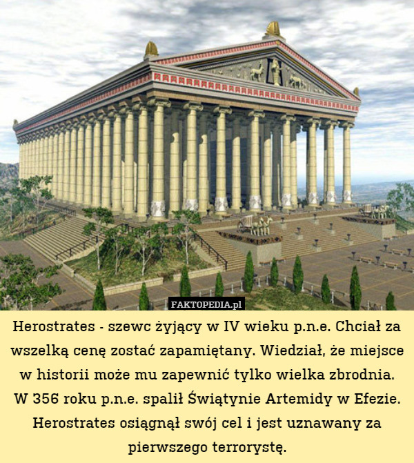 Herostrates - szewc żyjący w IV wieku p.n.e. Chciał za wszelką cenę zostać zapamiętany. Wiedział, że miejsce w historii może mu zapewnić tylko wielka zbrodnia.
W 356 roku p.n.e. spalił Świątynie Artemidy w Efezie. Herostrates osiągnął swój cel i jest uznawany za
pierwszego terrorystę. 