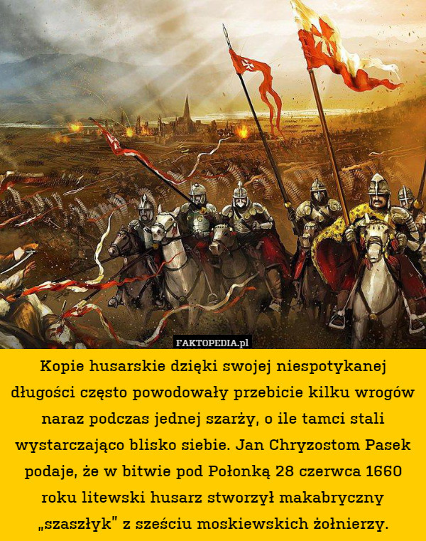 Kopie husarskie dzięki swojej niespotykanej długości często powodowały przebicie kilku wrogów naraz podczas jednej szarży, o ile tamci stali wystarczająco blisko siebie. Jan Chryzostom Pasek podaje, że w bitwie pod Połonką 28 czerwca 1660 roku litewski husarz stworzył makabryczny „szaszłyk” z sześciu moskiewskich żołnierzy. 