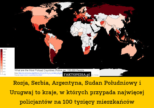 Rosja, Serbia, Argentyna, Sudan Południowy i Urugwaj to kraje, w których przypada najwięcej policjantów na 100 tysięcy mieszkańców 