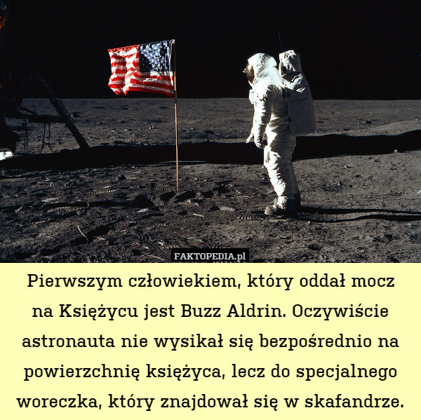 Pierwszym człowiekiem, który oddał mocz
na Księżycu jest Buzz Aldrin. Oczywiście astronauta nie wysikał się bezpośrednio na powierzchnię księżyca, lecz do specjalnego woreczka, który znajdował się w skafandrze. 
