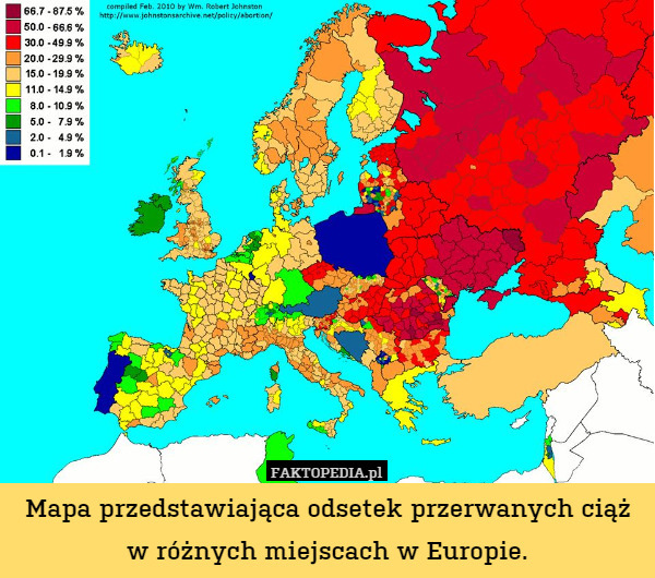 Mapa przedstawiająca odsetek przerwanych ciąż w różnych miejscach w Europie. 