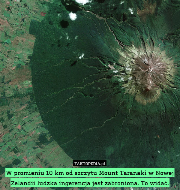 W promieniu 10 km od szczytu Mount Taranaki w Nowej Zelandii ludzka ingerencja jest zabroniona. To widać. 