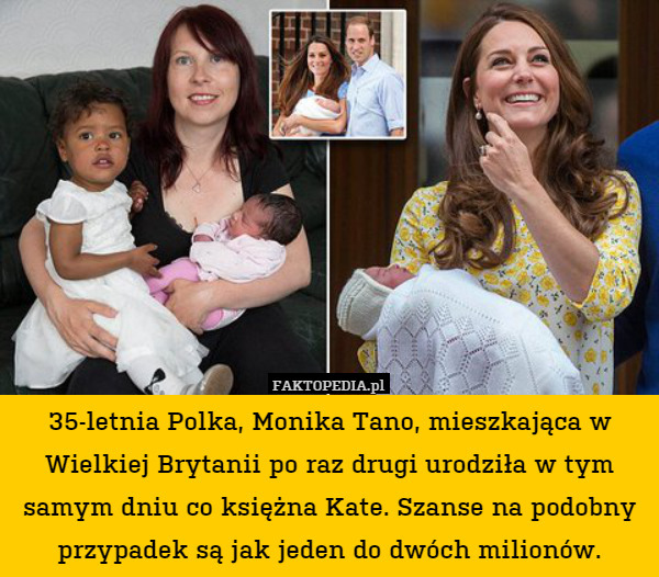 35-letnia Polka, Monika Tano, mieszkająca w Wielkiej Brytanii po raz drugi urodziła w tym samym dniu co księżna Kate. Szanse na podobny przypadek są jak jeden do dwóch milionów. 