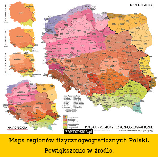 Mapa regionów fizycznogeograficznych Polski. Powiększenie w źródle. 