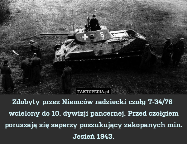 Zdobyty przez Niemców radziecki czołg T-34/76  wcielony do 10. dywizji pancernej. Przed czołgiem poruszają się saperzy poszukujący zakopanych min. Jesień 1943. 